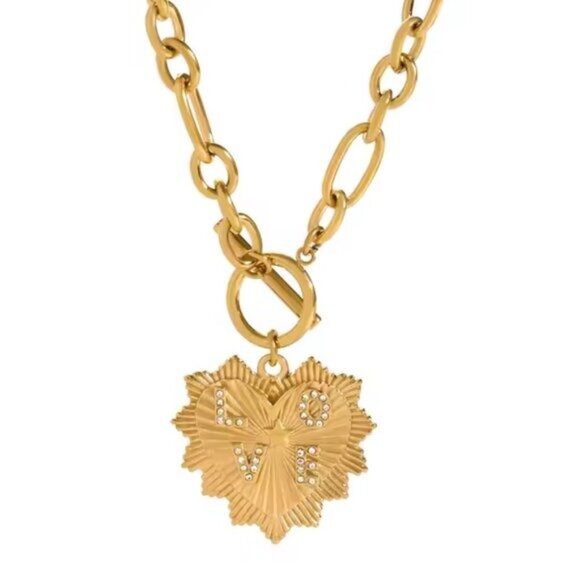 Gold LOVE Heart Necklace Chunky Gold Chain CZ Charm Statement Jewelry Waterproof - Picture 9 of 17